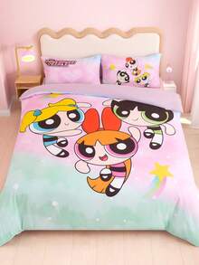 THE POWERPUFF GIRLS X SHEIN 3Pc Love Little Policewoman Printed Rainbow Symphony Quilt Cover Set, Polished Material, Soft And Warm, Color Quilt Cover, Multiple Sizes, Suitable For Single/Double/Queen/King Bubbles, Blossom, Buttercup,Gift Ideas - 彩色 - 查看 2