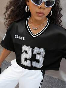 Coolane Kids Tween Girls Spring/Summer/Fall/Winter V-Neck Mesh Fabric Letter & Number Print Loose Cropped T-Shirt