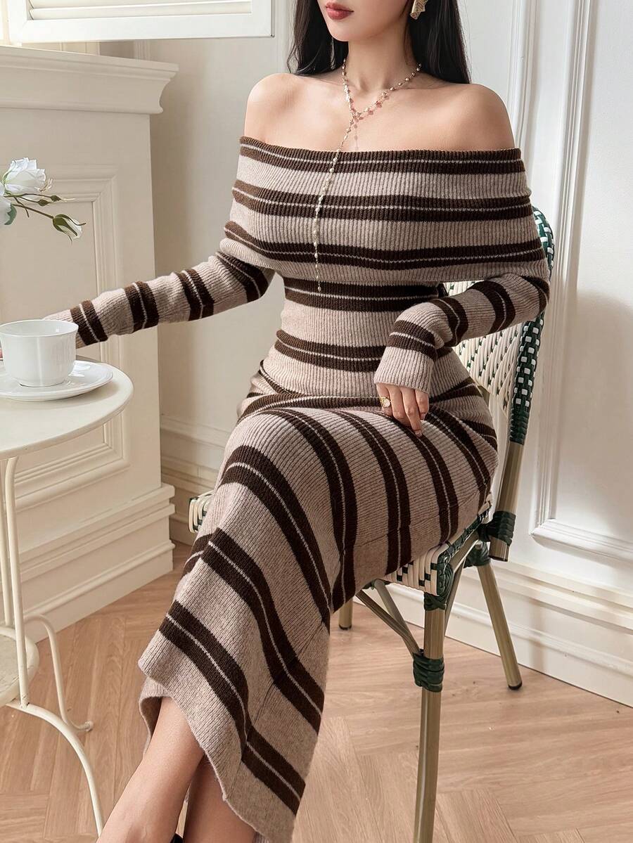 DAZY Women's Elegant Colorblock Striped Off Shoulder Sweater Dress, Autumn/Winter - Brown - View 1