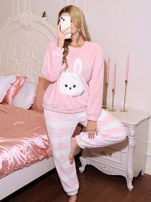 Set pigiama da donna in pile spesso, con motivo a coniglio e pantaloni a righe, adatto per il tempo libero e il sonno, set pigiama comodo e morbido, set pigiama da donna rosa con coniglietti