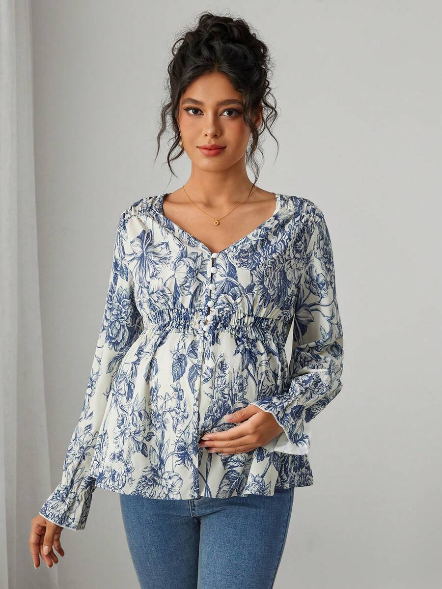 Momance 孕妇碎花荷叶边下摆衬衫 - 彩色 - 查看 1