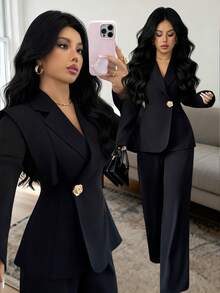 Rafferiza Women's Simple Commuter Elegant Notched Collar Single-Breasted Blazer And Pants Suit Set Women Suit Set Blazer Set Women Women Suits 2 Pieces Sets Woman Classy Pant Suit Set Plus - Black - View 2