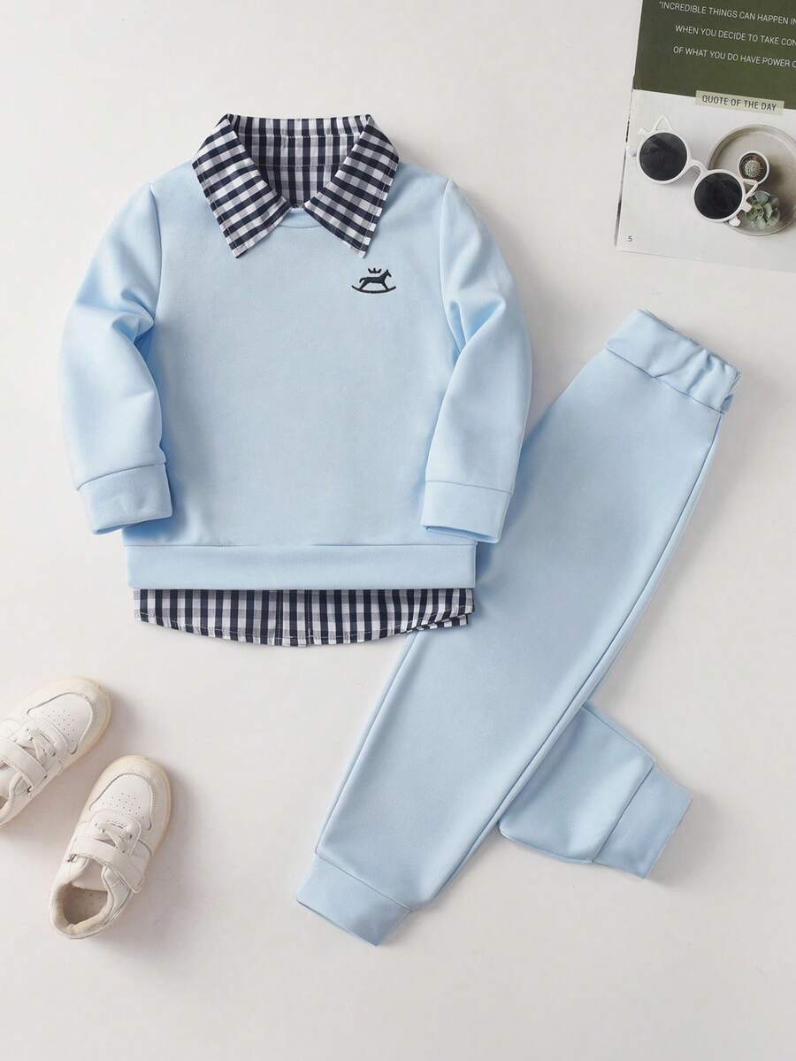 SHEIN Explorewe 2件套男童可爱休闲黄色刺绣卫衣和黑色裤子舒适套装,春季 - 淺藍色 - 查看 1