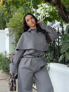 NegzBox 秋季勃艮第红葡萄酒适度老钱风骚闪光假日派对服装狂欢节郊游假期波西米亚风户外丰富层次婚礼季节宴会成人仪式 2 件女式高腰收腰中长西装外套，带斗篷袖灰色两件套现代女装单色服装两件套裤子女士灰色套装 - 灰色 - 查看 7