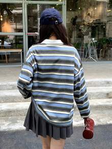 DAZY Camiseta casual de manga larga con bloques de color y rayas, estilo holgado para mujer, primavera/verano - Gris - Ver 2