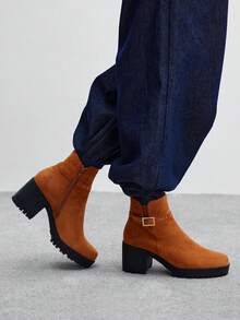 CUCCOO BIZCHIC Botas de tobillo de tacón alto grueso y versátiles de moda casual para mujer - Camel - Ver 4
