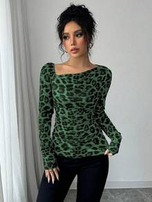 Islaluna Elegant Tight-Fitting Oblique Shoulder Neck Long Sleeve Pleated Shoulder Waist Ruched Brushed Leopard Print Multicolor Women T-Shirt - Multicolor - View 6