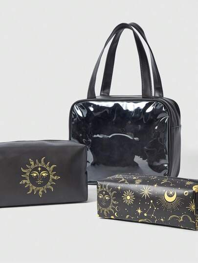 Fairycore 1pc Black Moon & Sun Print Fashion Portable 3 PiecesCosmetic Bag Set
