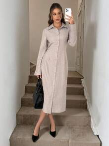SHEIN LUNE Váy midi dài tay tối giản màu trơn dành cho nữ, mặc hàng ngày - Màu Khaki - Xem 1