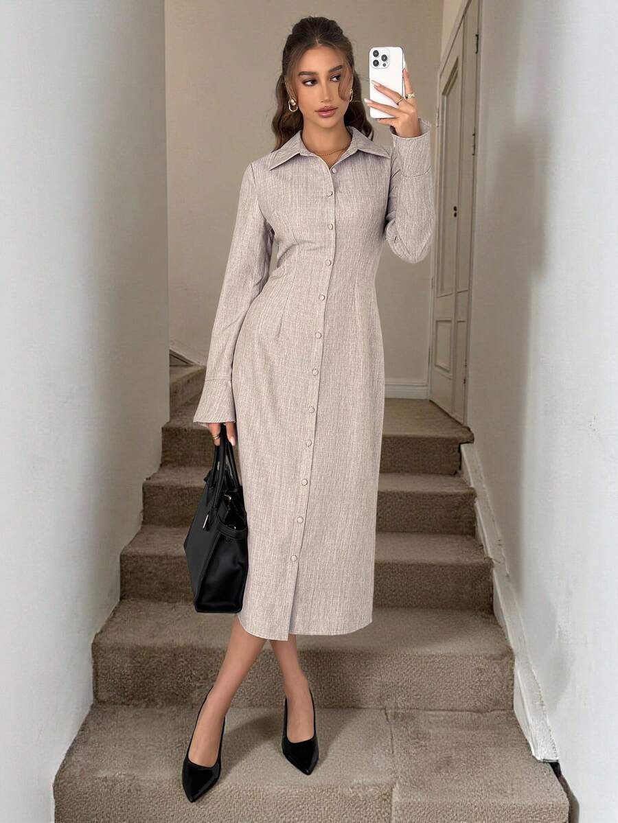 SHEIN LUNE Váy midi dài tay tối giản màu trơn dành cho nữ, mặc hàng ngày - Màu Khaki - Xem 1