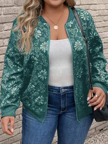 EMERY ROSE Women's Plus Size Dark Green Floral Textured Zip-Up Bomber Jacket,Long Sleeve Casual Cardigan Blazer For Autumn,Hiking,Summer - Green - View 3