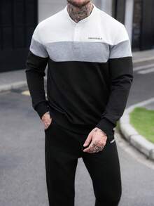 Manfinity CasualCool 男士秋冬拼接长袖上衣和裤子套装，黑白灰拼接，半开襟纽扣设计，简约字母印花，男士慢跑服，男士运动套装，男士两件套运动服，男士慢跑套装，男士黑白套装，复古风格，日常休闲，周末旅行，户外活动，探险旅行，轻松的工作环境或半正式场合，男友/丈夫礼物，周年纪念礼物，圣诞节服装 - 彩色 - 查看 9
