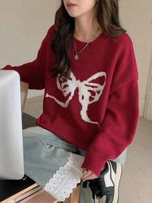 DAZY 少女蝴蝶结圆领落肩长袖毛衣，秋季圣诞 - 酒紅色 - 查看 3