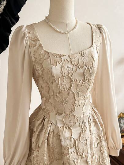 Vintamour Vintage Elegant Women's Dress With Pockets Foil Floral Jacquard Textured Satin Patchwork Holiday Party Formal Occasions Winter Clothes For Women Women's Winter Clothes Christmas Clothes Christmas Outfit For Women Christmas Women's Clothing New Year Clothes New Year Outfit New Year's Eve Dress New Year Women's Clothes Thanksgiving Outfit For Women Elegant Party Dresses Christmas Party Dress Elegant Dresses For Women