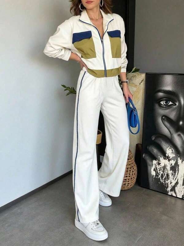 Xyvia مجموعة تصميم رقعي من جاكيت مزيبرة وبنطلون طويل لنساء الموضة الخارجية الرياضية الكاجوال ، 2 قطعة