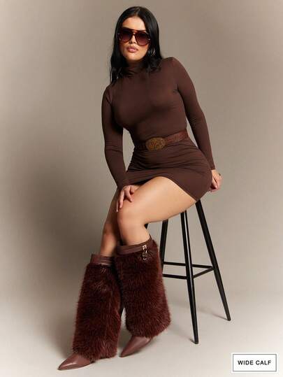 SHUZIA Women's Wide-Calf Fashionable Hidden Wedge Point Toe Fluffy Faux Fur Knee-High Boots For Christmas