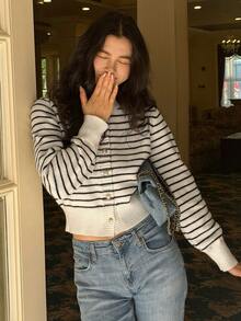 Áo len cardigan sọc nhiều màu thanh lịch dành cho nữ, thích hợp cho mùa thu, đông, năm mới, giáng sinh - Đen và trắng - Xem 7