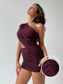 Aloruh 1pc Asymmetrical Mini Dress With Rhinestone Decor, Purple-Red - Red Violet - View 1