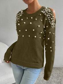 SHEIN LUNE Women's Elegant Pearl Embellished Off-Shoulder Sweater, Autumn/Winter - Green - View 5
