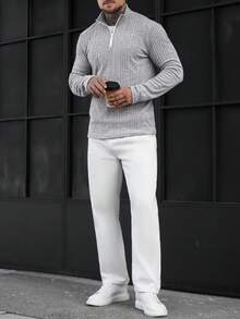 Manfinity CasualCool Camiseta de manga larga con media cremallera casual para hombres, versátil parte superior de punto con botones para hombres en otoño e invierno, camisas de punto para hombres Henley gris para uso diario, ocio, viajes de fin de semana, actividades al aire libre, expediciones de viaje, entornos de trabajo relajados o ocasiones semi-formales, regalo para novio/esposo, regalo de aniversario/cumpleaños, fiesta de Navidad, Año Nuevo, boda - Gris Claro - Ver 4