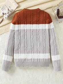 Men's Crew Neck Long Sleeve Twist Rope Contrast Color All-Match Pullover Sweater, Versatile College Style Brown Sweater For Teen Boy Teen Boys Street Wear - Light Grey - View 2