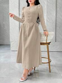 Feyla Vestido elegante de estilo francés con bolsillos que ciñen la cintura, minimalista y elegante que estiliza la figura - Caqui - Ver 4