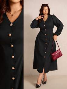 Elaquor Robe élégante à manches lanternes et boutons devant pour femmes grandes tailles - Noir - Voir 3