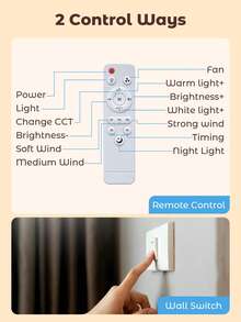 Teckwe 带灯和遥控器的吊扇，30W 可调光，无噪音 LED 吊扇，带 E27 插座，卧室、客厅吊扇，6 扇叶，3 档速度，定时，适用于卧室、室内外 - 42公分 30瓦功率 - 查看 3