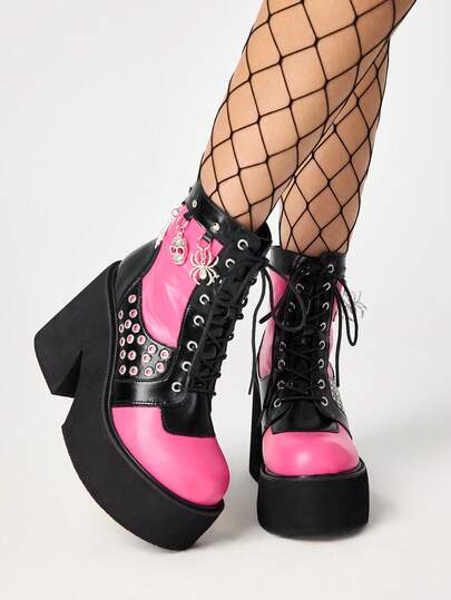 بوت كاحل بكعب منصة سميك للنساء، جلد متعدد الألوان، ديكور معدني بشكل جمجمة وعنكبوت، قماش أسود وزهري، بوت بكعب سميك عالي بطراز بانك للخروج