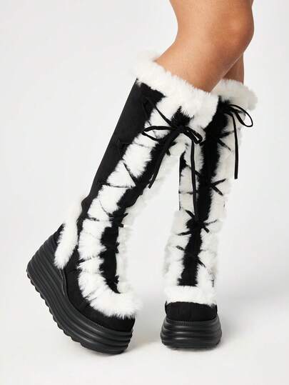 Stivali alti da donna con punta tonda, allacciatura punk, cerniera laterale, suola platform spessa, foderati in pelliccia, all'apertotdoor, nuovi arrivi autunno/inverno