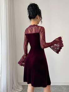 Modelyn Women's Autumn/Winter Lace Patchwork Velvet V-Neck Ruffle Sleeve Fitted Fashion Dress - Burgundy - View 3
