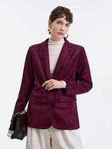 SHEIN Stylify Women's Suede Thermal Lined Jacket,Rose Red Winter Long Sleeve Lapel Collar Button Closure Pockets,Vintage French Smart Casual Everyday Office Wear - Burgundy - View 8