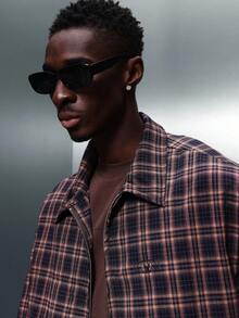 PLAYBOY X SUMWON Cropped Checkered Harrington Jacket Zip Closure Casual Outerwear Winter Fall Layering - Brown - View 3