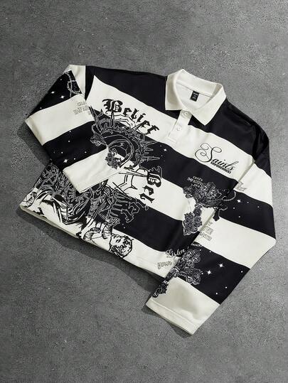 Street Life Men's Retro Virgin Mary Striped English Graphic Print Street American Style Polo Sweatshirt