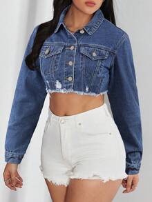 Slaydiva Chaqueta de mezclilla para mujer de talla grande, atuendos casuales para mujer - Azul lavado medio - Ver 5