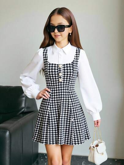 SHEIN 少女优雅校园风黑白拼色灯笼袖二合一连衣裙，千鸟格面料，开学季服装，秋季连衣裙，白色长袖连衣裙