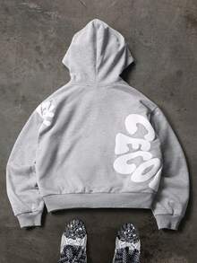 PAVTROS 男式字母印花连帽拉链长袖卫衣