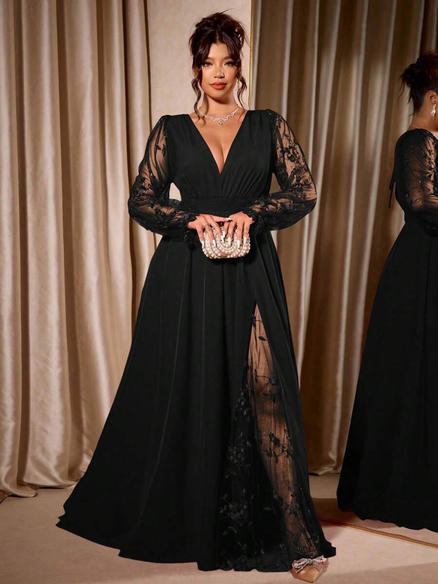 Cravure Plus Size Women's Elegant Deep V-Neck Lace Patchwork Long Sleeve High Slit Maxi Dress, Suitable For Graduation, Holidays, Valentine's Day, Christmas, Music Festivals, Mother's Day, Halloween, Thanksgiving, Easter, National Day, Balls, Dates, Parties, Weddings, Outdoor Trips, Etc. - Black - View 1