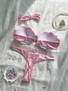 Swim Mod 2件套花瓣拼接硬杯可拆卸肩带纯色性感比基尼套装 - 粉色 - 查看 2