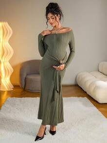 SHEIN Elegant Off Shoulder Ruffle Maternity Dress, Suitable For Party - Army Green - View 4
