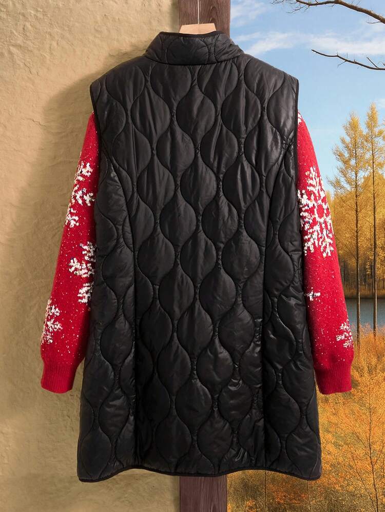 Plus Size Solid Color Pocketed Zip-Up Sleeveless Padded Coat, Casual For Autumn/Winter Christmas Pajamas Christmas Clothes New Year Clothes Winter Clothes For Women Women's Winter Coat