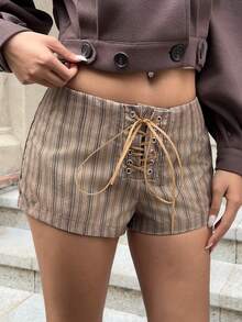 SHEIN EZwear Women Corduroy Striped Print Tie-Up Super Shorts, Winter - Brown - View 1