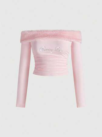 J-Fashion Top da donna aderente in maglia con stampa in patchwork di pelliccia finta a motivo zebrato, decorato con strass, stile Shibuya Subculture, adatto per San Valentino