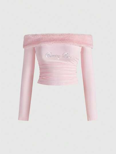 J-Fashion ملابس علوية نسائي مطرز بالراين ستون بنمط الفرو المزيف بطبعة الزيبرا والرقعة المحبوكة، مناسب لعيد الحب