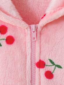SHEIN Genkimix Kids Young Girl Autumn/Winter Cherry Plush Zip-Up Cardigan Jacket, Casual Minimalist Daily Cute - Pink - View 5