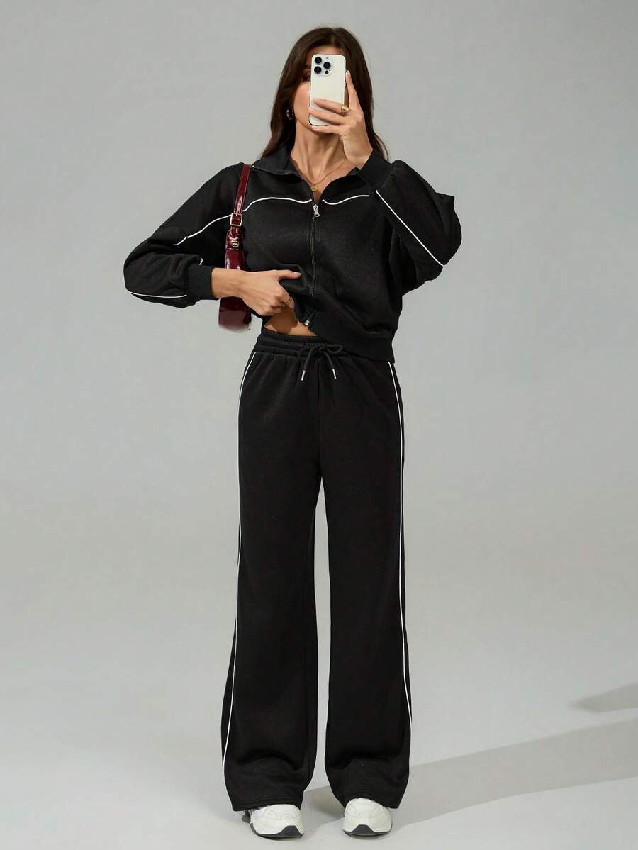 SHEIN Tall Women's Fall/Winter Streetwear Basic Going Out Back To School 2pcs Set Zip Front Long Sleeve Hoodie And Drawstring Waist Pants Casual Suit - Black - View 1