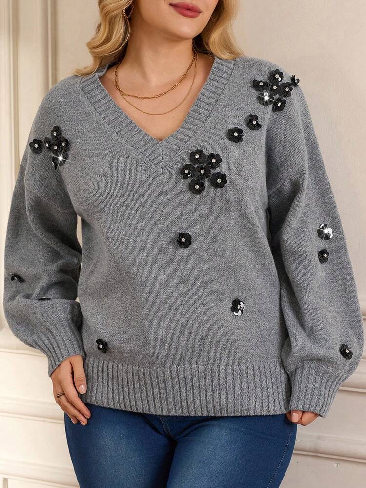 Plus Size Floral 3D Decor Long Sleeve Elegant Fashion V-Neck Sweater, New Year ,Christmas For Women, Winter For Women