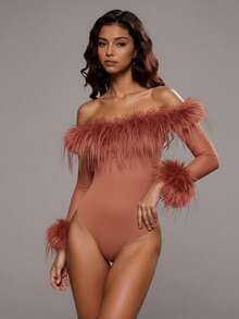 Sirith 单肩弹力长袖上衣，网纱拼接，毛绒质感，性感连体衣，适合派对、约会和节日穿着。 - 藕粉色 - 查看 4