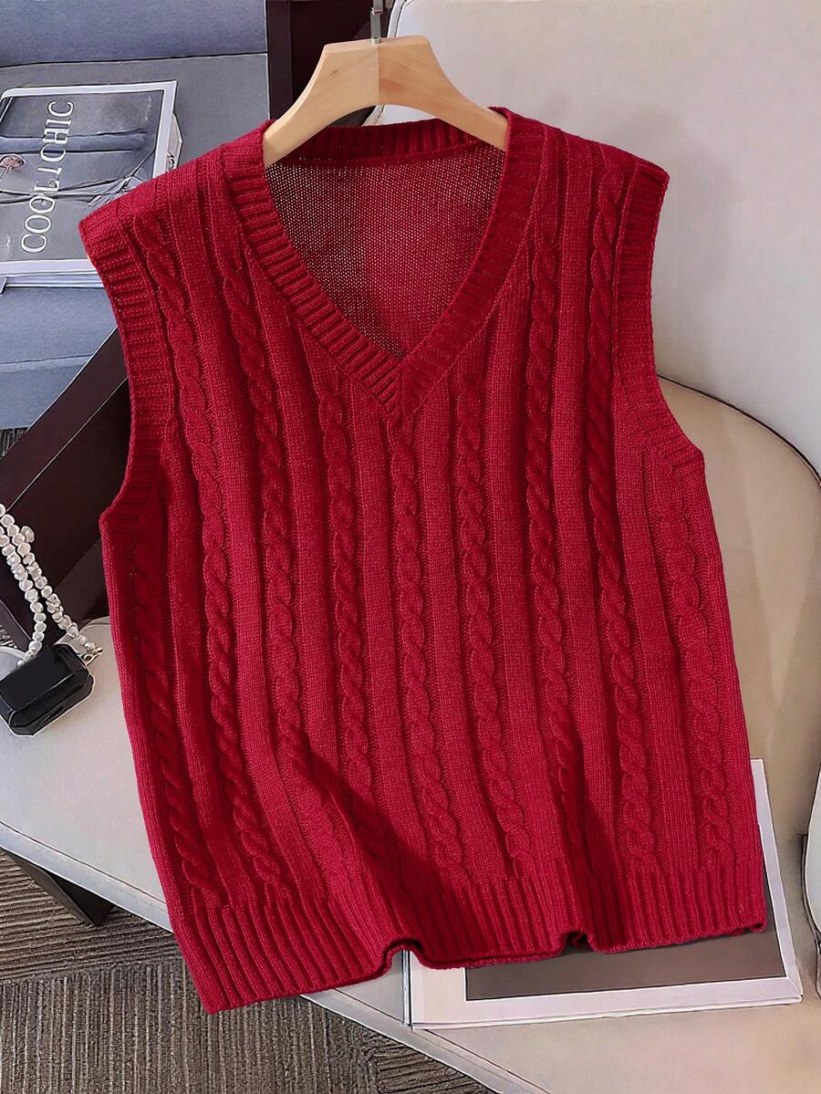 Manfinity Homme Men's V-Neck Casual Knitted Vest With Cable Pattern, Autumn/Winter Red Sweater Vest - Red - View 1