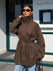 Muchica Women's Dark Brown Stand-Up Collar Turtleneck Mid-Length Belted Trench Coat,French Style Double-Breasted Jacket For Autumn Casual Occasion,Elegant - Brown - View 4